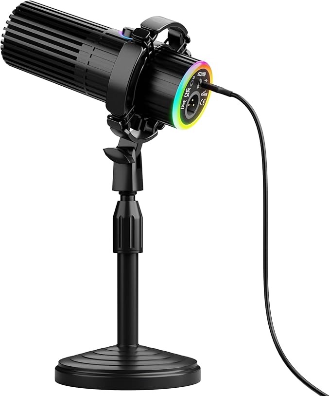 BASN USB/XLR Dynamic Microphone Live Streaming Gaming Recording with Three-in-One Mute ButtonRGB Lighting and MIC Stand for PC (Black) SL2000