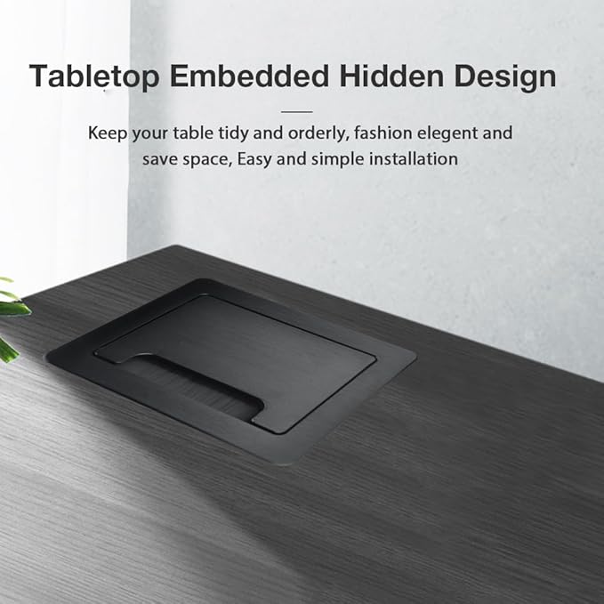 Tabletop Brush Flip Connectivity Box with 2 AC Power + 2 USB Charger + HDMI + 1 3.5mm Audio + USB-C Data + RJ45(cat6) for Conference Room (Black)