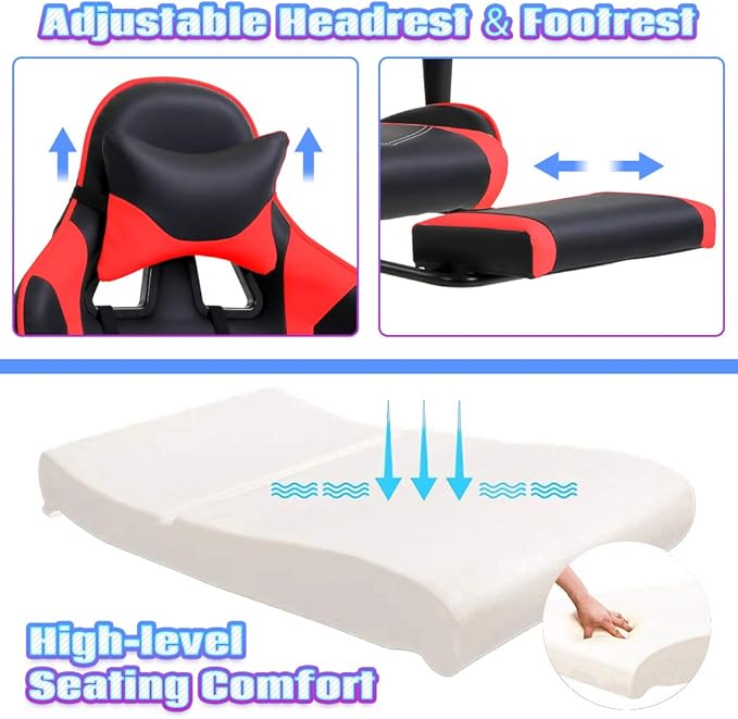Red PC Gaming Chair Ergonomic Racing Office Chair Video Game Chair Massage Lumbar Support with Arms Footrest &amp Headrest Nice Chic Desk Chair Adjustable Best Home Office Chair