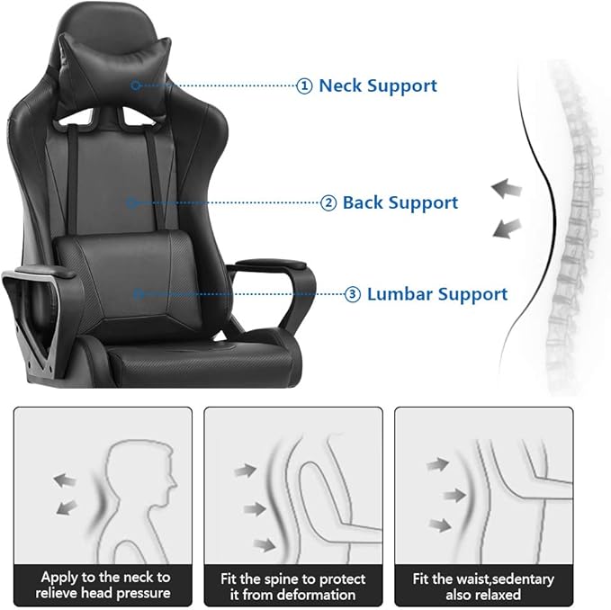 Racing Style Gaming Chair Office Chair High Back Computer Chair Leather Desk Chair Ergonomic Executive Chair Adjustable Video Game Chair Swivel Task Chair w/Headrest and Massage Lumbar Support Black