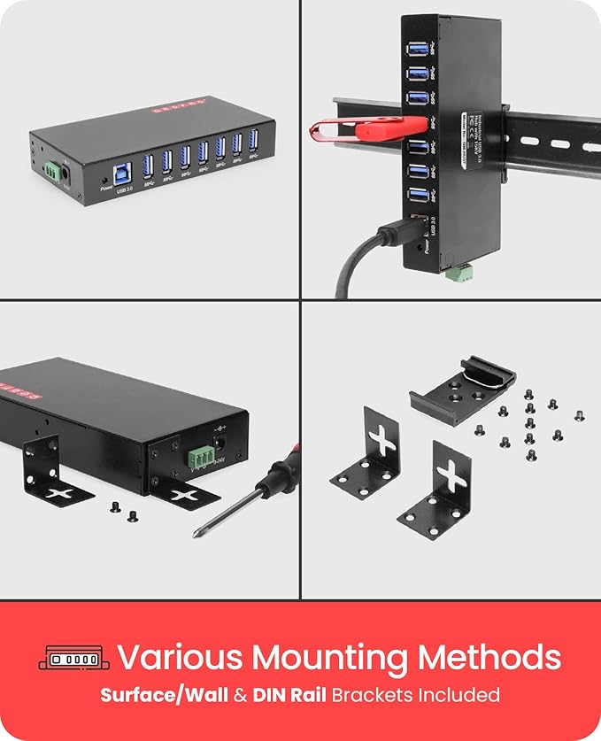 Gearmo 7 Port USB 3.0 Hub w/Surge Protection Rugged Metal Enclosure Ready to Mount on DIN Rail or Wall Compatible with Windows 7/8/10/11 MacOS &amp Linux
