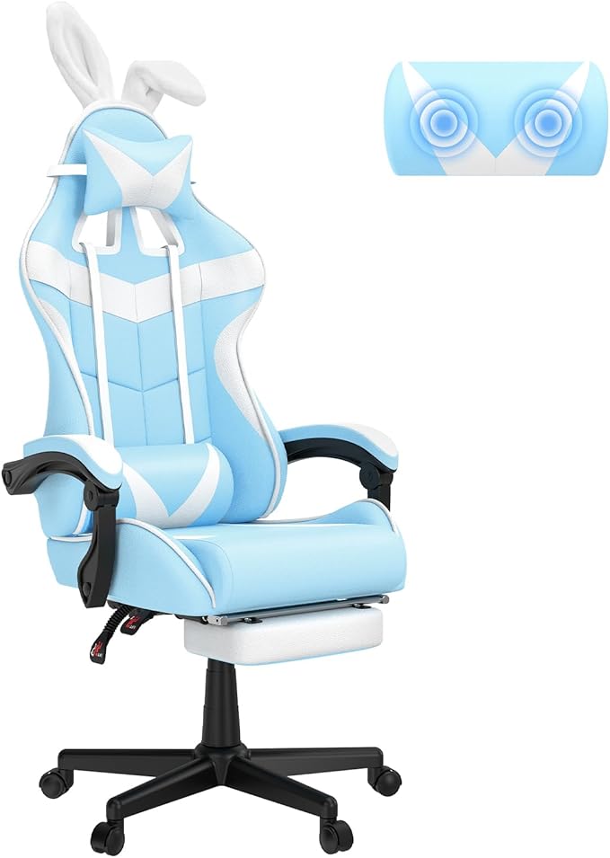 Soontrans Light Blue Gaming Chair with FootrestLovely Cute Bunny Computer Gamer ChairKawaii Desk Chair for GranddaughterSisterGirlfriendWife and Love