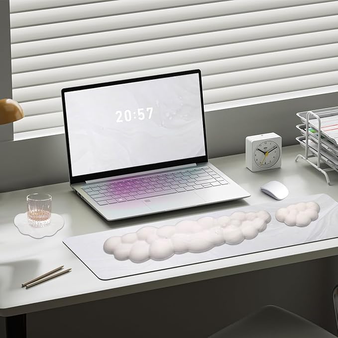 Gaming Desk Mat with Keyboard Wrist Rest Set 4 in 1 Large Mouse Pad &amp Cloud Keyboard Wrist Rest&amp Mouse Wrist Rest&ampCoaster Comfort and Support for Typing and Gaming(White)