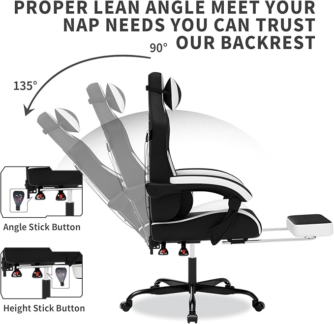 Gaming Chair with MassageErgonomic PC Gaming Chair with Footrest Comfortable Headrest and Lumbar SupportHigh Back PVC Leather300LBS (Black White)