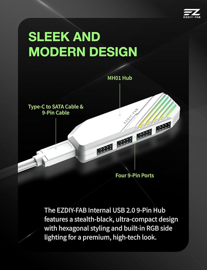 EZDIY-FAB MH01 Internal USB 2.0 9-Pin Hub4-Port USB Header Expansion SATA Powered USB Hub with Integrated Type-C Power &amp Data Connection Magnetic Mount Compact Design for AIO RGB Hub-White