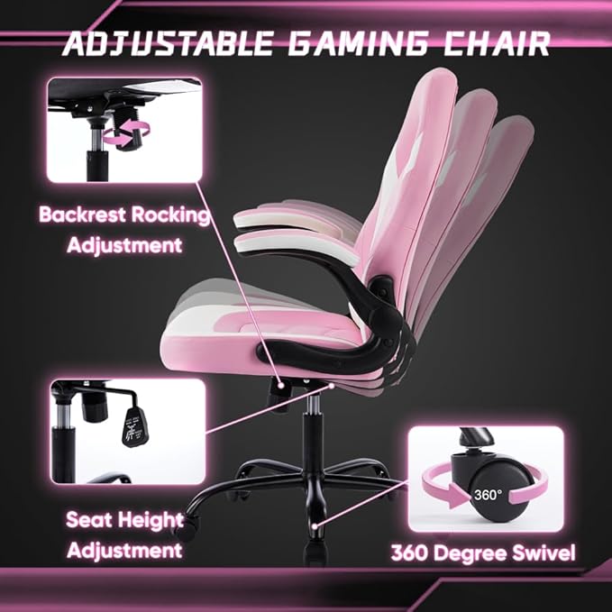 Gaming Chair PU Leather Computer Chair Ergonomic Office Chair with Lumbar Support Height Adjustable Rolling Desk Chairs with Flip-up Armrests (Pink+White)