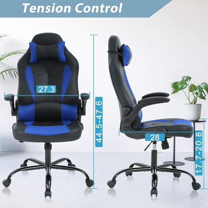 Gaming Chair High Back Office Chair Ergonomic Desk Chair PC Racing Chair with Headrest Lumbar Support &amp Flip-up Arms PU Leather Computer Chair Adjustable Height Swivel Executive ChairBlue