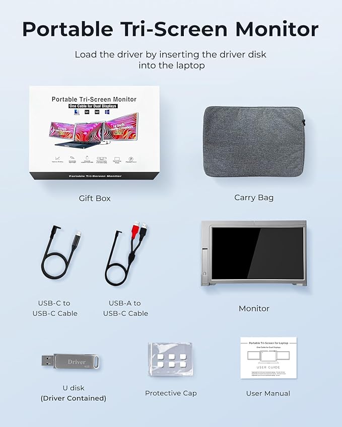 RayCue Triple Laptop Screen Extender[Only 1 Cable to Connect]14'' FHD 1080P 16:10 USB-C Laptop Screen Extender for Windows MacOS Plug and Play for 13-17.3'' Type-C/USB-A Laptop