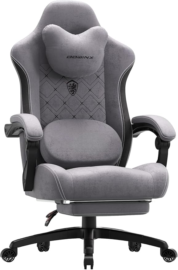 Dowinx Gaming Chair with Heated Massage Lumbar SupportBig and Tall Fabric Gaming Chairs for Adults with Footrest Ergonomic Computer Game Chair with Poket Spring Cushions 350lbs Gray