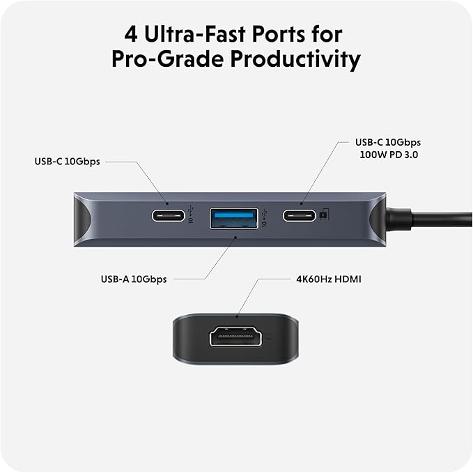 HyperDrive Next 4 Port USB C Hub for Mac PC Chromebook with 4K60Hz HDMI 2 USB-A USB C Hub 10Gbps USB-C 10Gbps 100W Power Delivery Ports