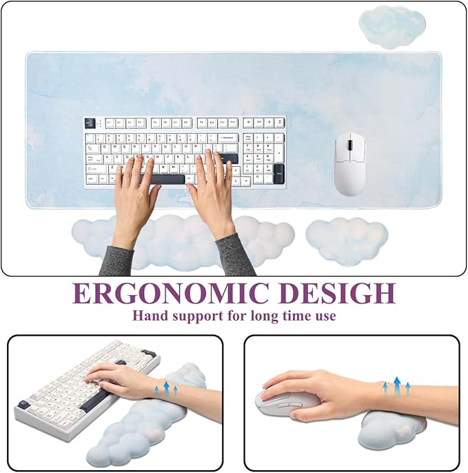 Gaming Desk Mat with Keyboard Wrist Rest Set 4 in 1 Large Mouse Pad &amp Cloud Keyboard Wrist Rest&amp Mouse Wrist Rest&ampCoaster Comfort and Support for Typing and Gaming(Blue)