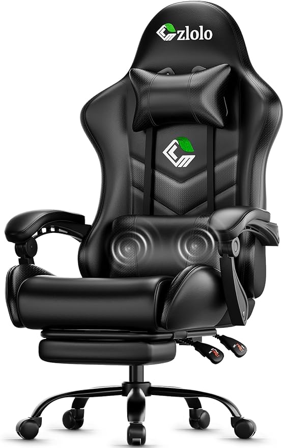 Gaming Chair Ergonomic Office Computer Chair with Footrest and Lumbar Support Massager Racing Style High Back Video Gamer Chair Wide＆Thick Cushion 90°-135° Recline Adjustable Height Black