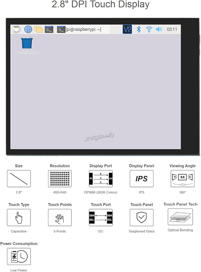 2.8inch IPS 480×640 Display LCD DPI Interface Capacitive Touch Screen Fully Laminated Toughened Glass Cover for Raspberry Pi 4B/3B+/3B/2B/Zero/Zero W WH Raspbian Kali