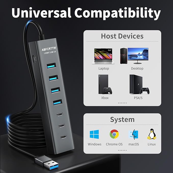 4Ft 7-Port USB Hub 3.0 for Desktop 4 USB-A &amp 3 USB-C Ports Aluminium 5Gbps USB Extender Hub USB Splitter USB Hub Long Cable for Desktop PC Flash Drive Mobile HDD SSD Windows/XPS