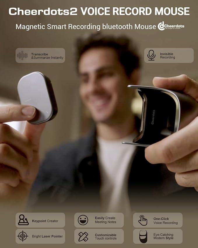 Cheerdots2 Recording Touchpad Bluetooth Mouse Presentation Mode Magnetic Detachable Design Smart Software Control Portable for Meetings &amp Work Intelligent Audio Recording &amp Saving(Voice R