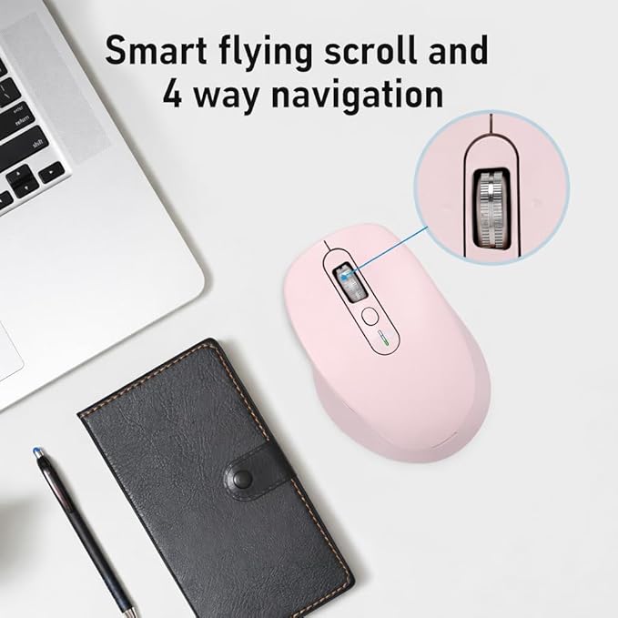 Wireless Bluetooth Mouse Multi Device (BT1/BT2 + 2.4G USB) Mouse for Laptop iPad &amp Mac 4-Way Scroll with Side Buttons Silent Click Ergonomic Offce Mouse Adjustable DPI（Pink）