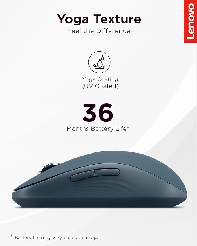 Lenovo Yoga Bluetooth Silent Mouse 3 Level DPI Adjustment 36 Month Battery Life Bluetooth 5.3 3 Device Paring Whisper Quiet Programmable Buttons Smooth Finish Tidal Teal