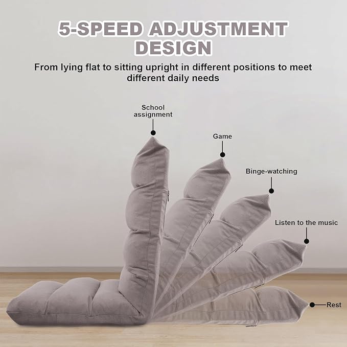 Folding Floor Chair 5-Position Cushioned Adjustable Lazy Sofa Foldable Floor Lounger for Adults Kids Gaming Reading Meditating (Gray)