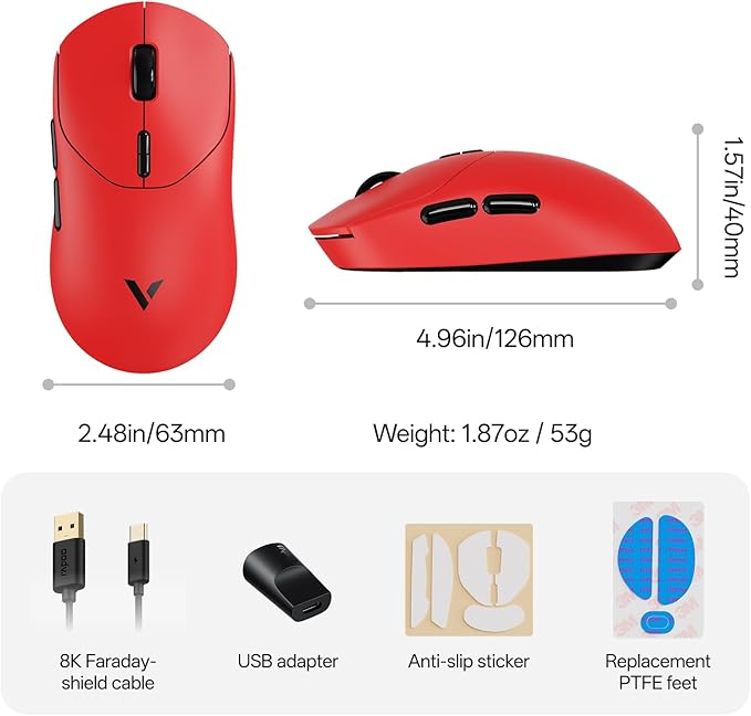 Rapoo VT2 Wireless Gaming Mouse True 8K Wireless Polling Rate 53g Lightweight Up to 750 Hr Battery Nordic nRF54L15 MCU 100-Million Mechanical Switch 10 Programmable Buttons Macro Enabled