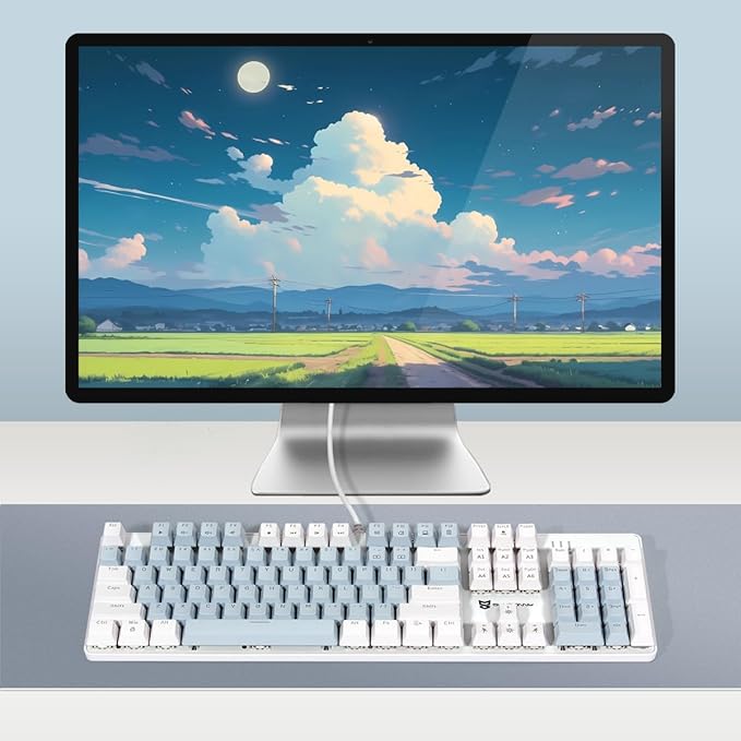 Full Size Wired Mechanical Gaming Keyboard | Blue Switch Led Backlit 104 Keys US Layout Mechanical Computer Keyboards | Hot Swappable Blue &amp White Keycaps Light Up PC Gaming Keyboard