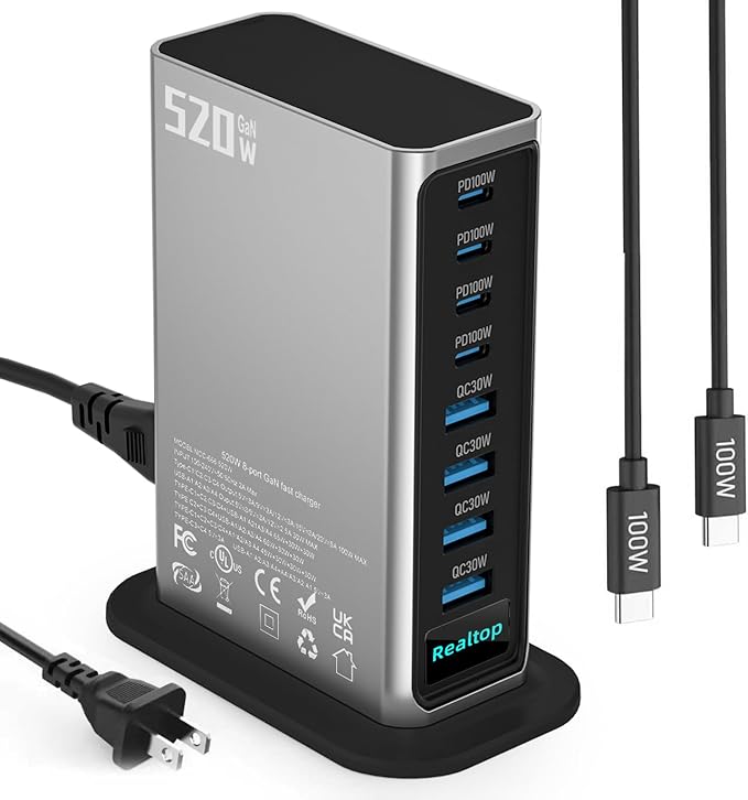 520W USB C Charging Station 8-Port GaN Fast Type C Charger Block Wall Charger Multiport Desktop Power Hub for MacBook Pro MacBook Air iPhone 16/15 iPad Samsung