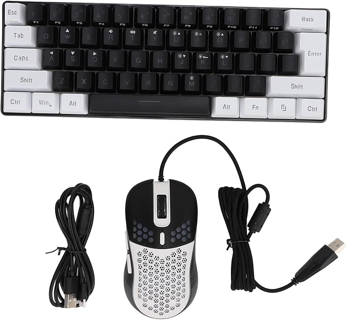GOWENIC 61 Key RGB Illuminated Keyboard Multi Color LED Backlit Wired Gaming Keyboard and Mouse Combo for Tablet Laptop (Black Center White)