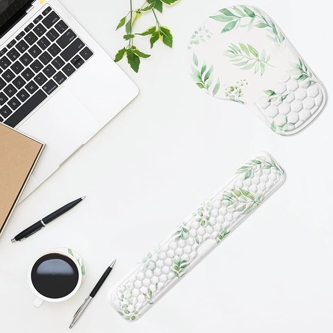 EYROZILL 3 in 1 Ergonomic Mouse Pad and Keyboard Wrist Rest Cute Mouse Pad with Wrist Support Massage Design Non-Slip Wrist Pad for Mouse Desk Mouse Set (Green Plant)