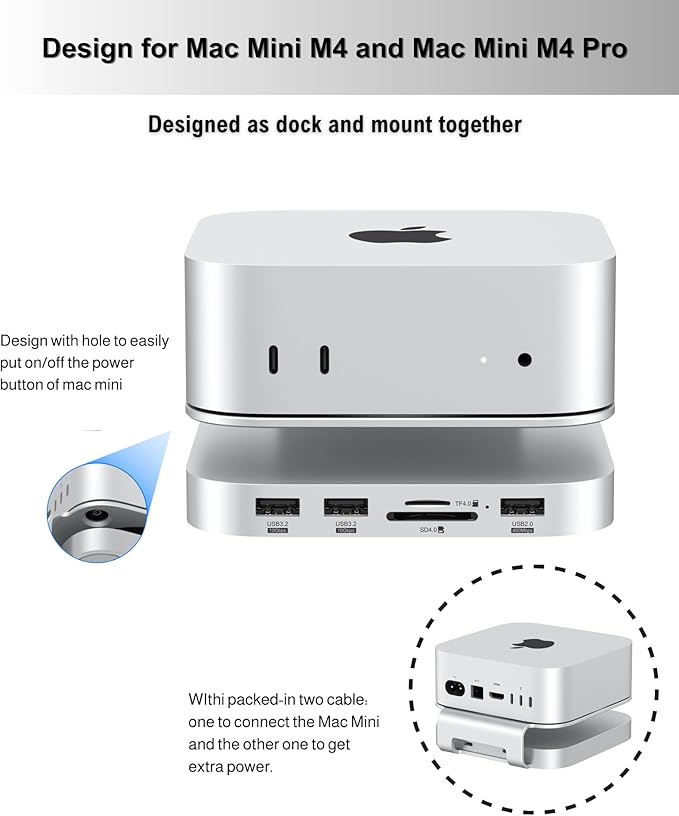 Mac mini M4 Dock Aluminum Mac mini Stand and Hub for Mac mini M4 and M4 Pro 2024 with M.2 NVMe SSD Enclosure 2X USB-A 10Gbps SD/TF Card Readers USB 2.0 Data (Silver)│Accessories
