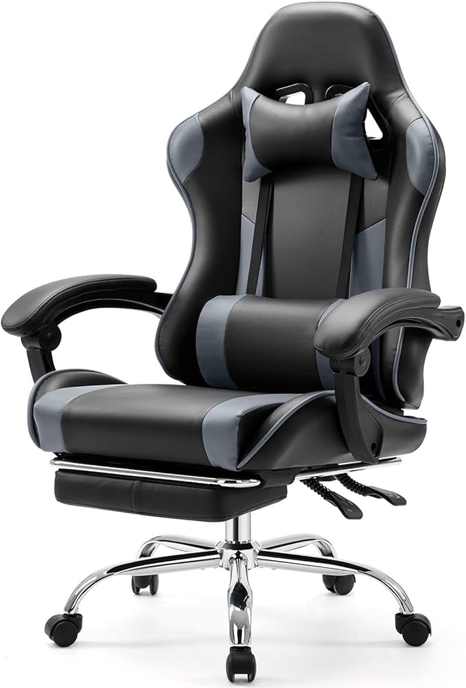 Sweetcrispy Computer Gaming Chair with Footrest Ergonomic High Back PU Leather Video Racing Chair with Adjustable Headrest &amp Linkage Armrest for Office and Home Adults Grey