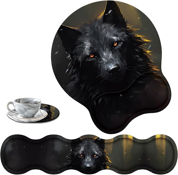 Keyboard Wrist Support + Wrist Mousepad + Coaster Combination Non-Slip PU Base with Gel Memory Mousepad Suitable for Gaming Office Pain Relief Mousepad Set - Black Wolf