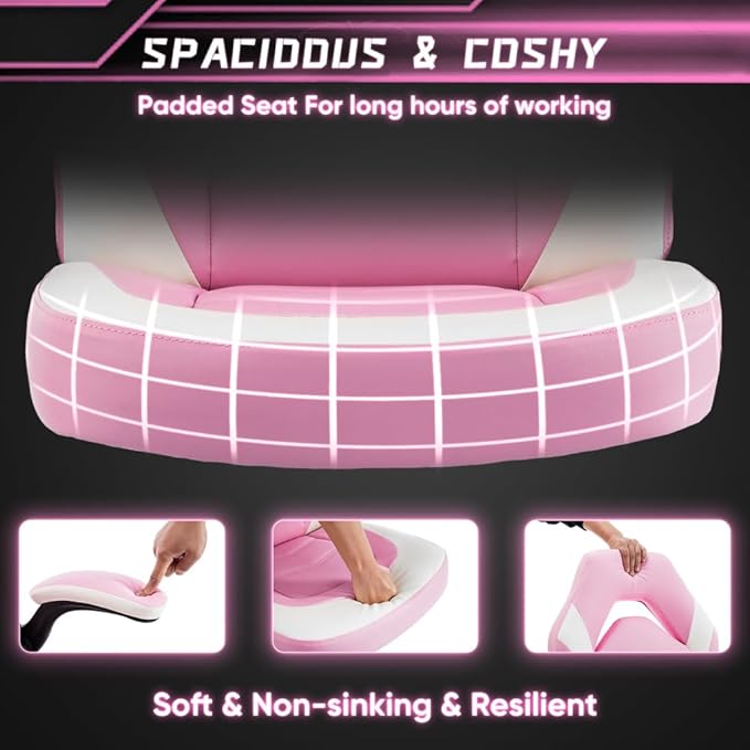 Gaming Chair PU Leather Computer Chair Ergonomic Office Chair with Lumbar Support Height Adjustable Rolling Desk Chairs with Flip-up Armrests (Pink+White)