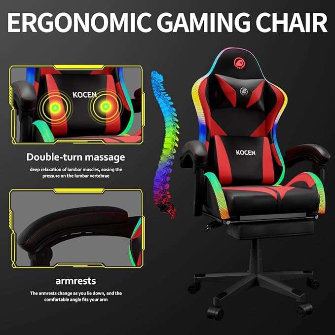 Gaming Chairs for Adults Tall and KidsLumbar SupportLED LightsHigh Back Reclining Computer Chair with Headrest (Black+Red)