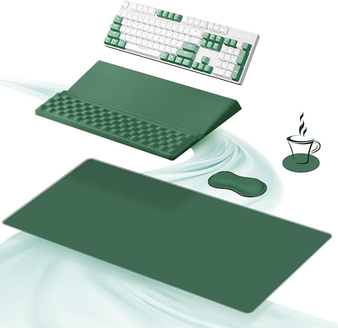 Ospelelf Keyboard Wrist Rest Stand Pad and Ergonomic Mouse Pad Set with Large Mousepad Memory Foam Comfort Premium Office Desk Accessories for Pain Relief Green