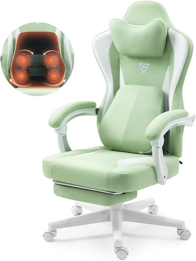 Cute Gaming Chair with Cat Paw Lumbar Cushion and Cat Ears Kawaii Pink Computer Chair with Footrest Ergonomic PC Video Anime Gaming Chairs Recliner for Kids Girls Teens (Green)