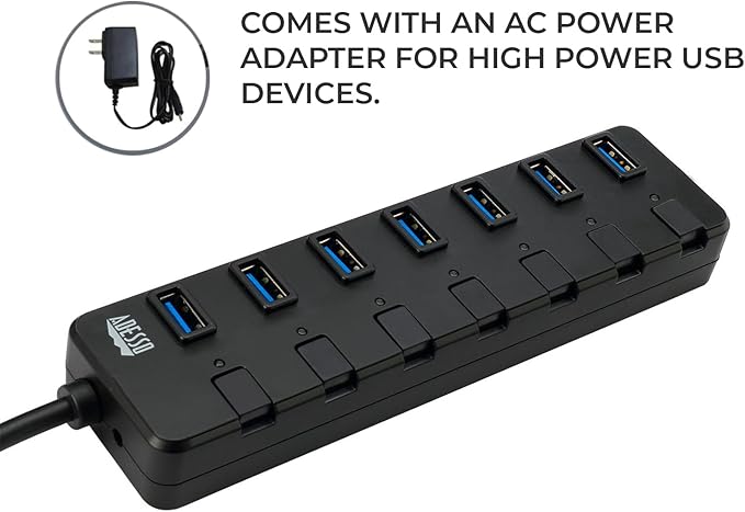 Adesso 7-Port USB 3.0 Hub with Individual Power Switch &amp Power Adapter