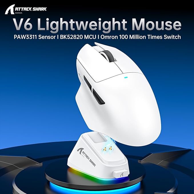 ATTACK SHARK V6 Wireless Gaming Mouse with RGB Charging Dock 25K DPI PAW3311 Sensor 1K Polling Tri-Mode Ergonomic PC Mice 5 Programmable Bottons Cloud-Based AI Driver for Win/MacWhite