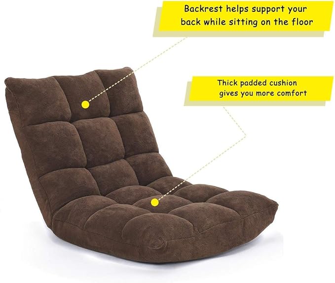 Floor Chair Lounger Folding Gaming Sofa Chaise Lounge with 14 Adjustable Position Steel Frame Sponge Padded Sleeper Bed Couch Recliner (Brown)
