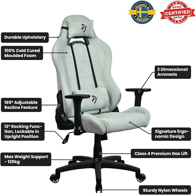 Arozzi Torretta Soft Fabric Gaming Chair Breathable Fluid-Repellent Ergonomic Office Chair with Adjustable Height 3D Armrest &amp 2 Supportive Pillows (Pearl Green)