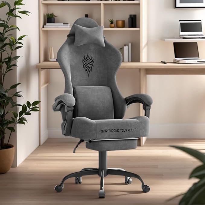 Soontrans Dark Grey Velvet Fabric Gaming Chairs with Footrest Ergonomic Comfortable Video Gamer Chair Reclining Office Computer Desk Game Chairs with Massage Lumbar CushionHeadrest for Adult