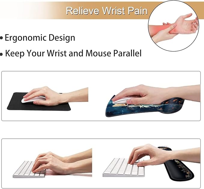 Keyboard Wrist Rest and Mouse Pad Wrist Support Set Ergonomic Gel Mouse Pad Wrist Rest with Non-Slip Base for Home Office Desk Pad Easy Typing Cute Red Fox Animal Pattern Black Gaming Mouse Mat