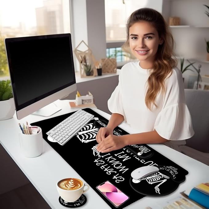 Ergonomic Mouse Pad with Wrist Rest Desk Mat Set Skeleton Gaming Mouse Pads Keyboard Mat Wrist Rest Cup Coaster Funny Office Desk Accessories