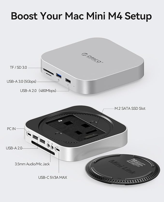ORICO MiniLink Mac mini M4 Hub with SATA SSD Enclosure 5Gbps(480MB/s) USB 3.0 Port SD 3.0/TF 3.0 Card Readers 3.5mm Headphone Jack and Microphone Jack (M410P)