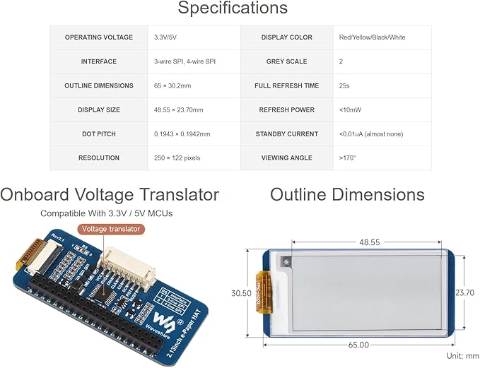 waveshare 2.13inch E-Ink HAT Black White Red Yellow 4-Color E-Paper Display for Arduino/Raspberry Pi/Jetson Nano/STM32 250x122 Pixels Resolution SPI Communication Compatible with 3.3V / 5V MCUs