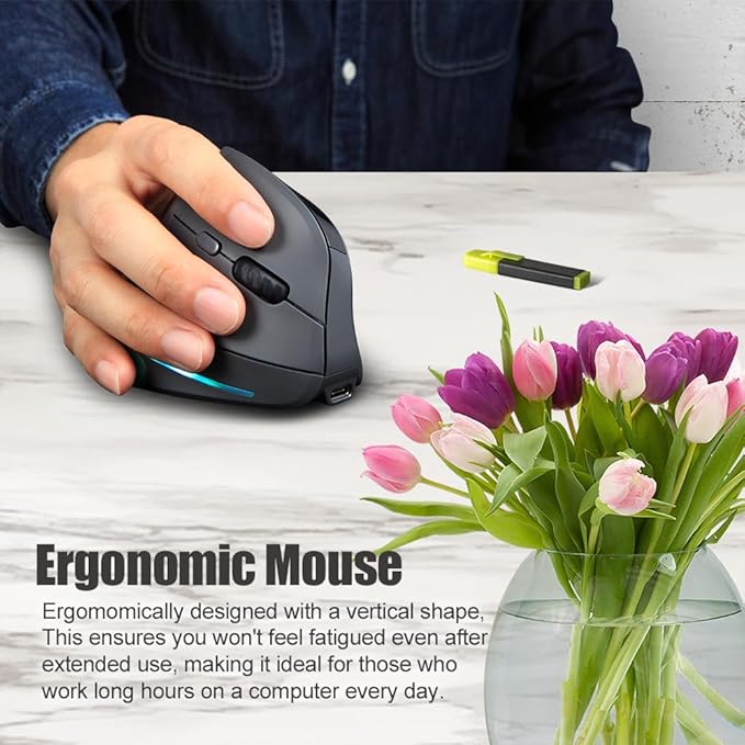 zelotes Bluetooth Wireless Vertical Mouse with DisplayRechargeableDual Mode (BT 5.0/3.0 + 2.4G USB Receiver)4000 DPI(5-Level Adjustable)Optical Portable Ergonomic Mouse for PCLaptopTabletsBlack