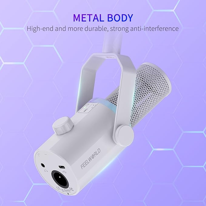 FEELWORLD PM1 XLR USB Dynamic Microphone Gifts for Podcast Recording PC Computer Gaming Live Streaming Vocal Voice-Over Studio Metal Mic with RGB Light Mute Button Headphones Jack (White)