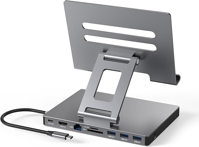 Aluminum Stand with 9-in-1 Type C Dock100W PD4K HDMI Foldable for iPad Pro/Air All-in-One Docking Station &amp Adjustable Holder USB 3.0/Ethernet/SD Reader