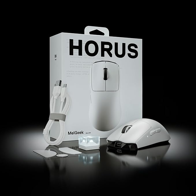 MelGeek Horus Lightweight Mouse Wireless Gaming Mouse 49g 8K Polling 30K DPI Sensor 215 Hr Battery 2.4G/USB-C with Light Receiver Fit for Medium and Large Hands - White