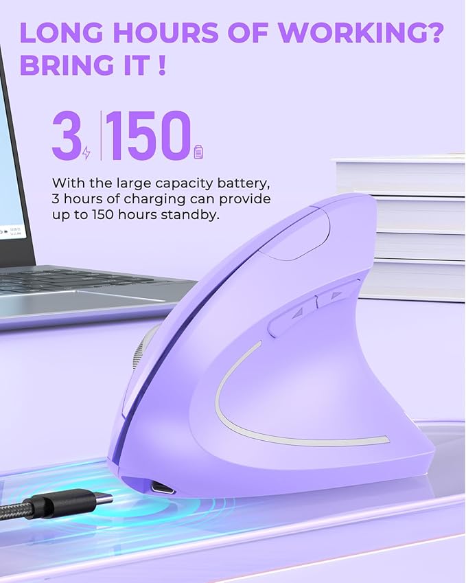 Lekvey Ergonomic Mouse Vertical Wireless Mouse Rechargeable 2.4G Optical Carpal Tunnel Mice with USB Receiver: 1000/1200 / 1600 DPI 6 Buttons for Laptop Computer PC Desktop Light Purple