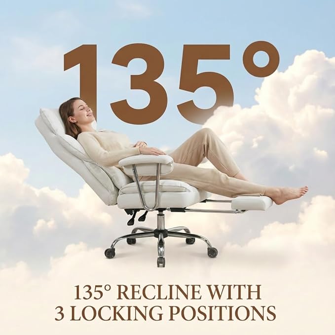 Big and Tall Office Chair 400lbs - Heavy Duty Executive Desk Chair with Footrest High Back PU Leather Ergonomic Computer Chair with Extra Wide Seat &amp Thick Cushion for Home Office (White)