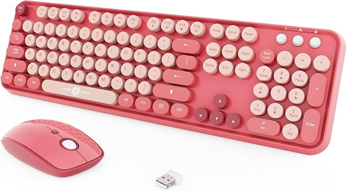 Wireless Keyboard and Mouse Combo 2.4 GHz Wireless Full-Sized Typewriter Keyboard with Round Keycaps for Windows Computer Desktop PC Laptop (BerryPink)